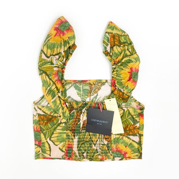 Cynthia Rowley | Tropical Linen Blend Smocked Crop Top - Picture 2 of 4